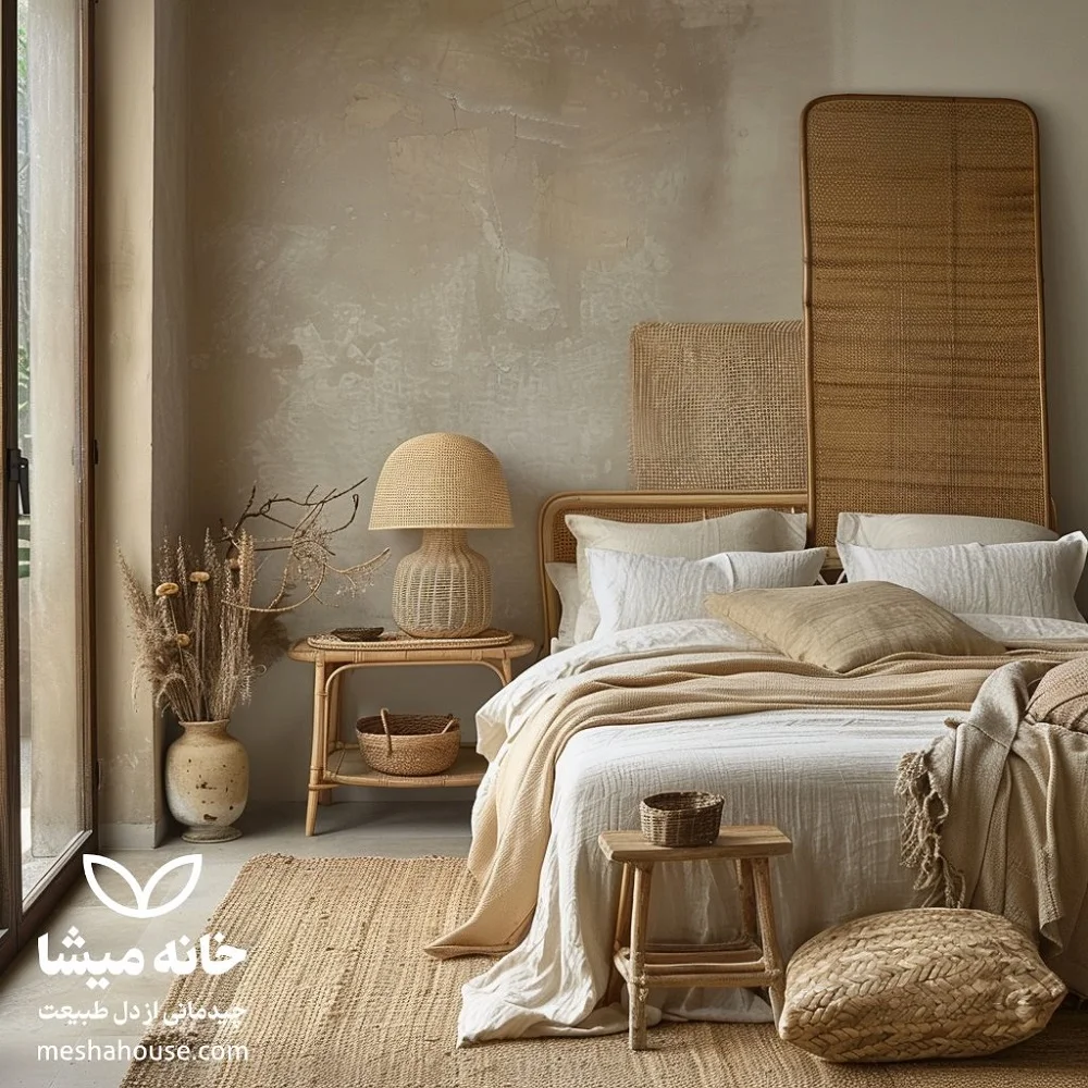 چیدمان اتاق خواب با تختهای چوبی و وسایل حصیری 2 image 4 1