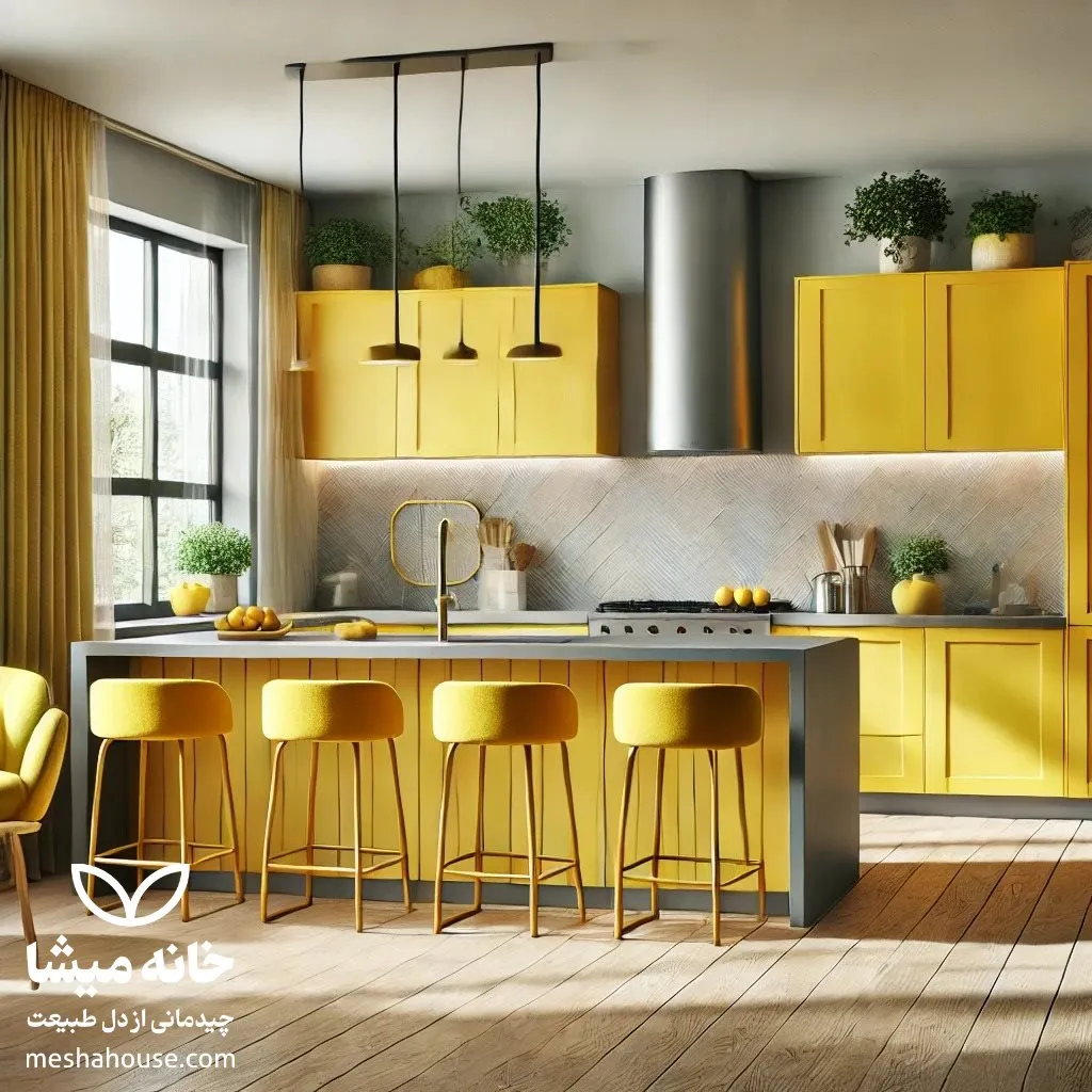 تاثیر رنگ بر احساسات و کاربرد آن در دکوراسیون خانه 6 DALL·E 2024 12 28 13.08.21 A modern kitchen interior with vibrant yellow decor accents. The kitchen features yellow cabinets a stylish backsplash in a complementary neutral ton 1