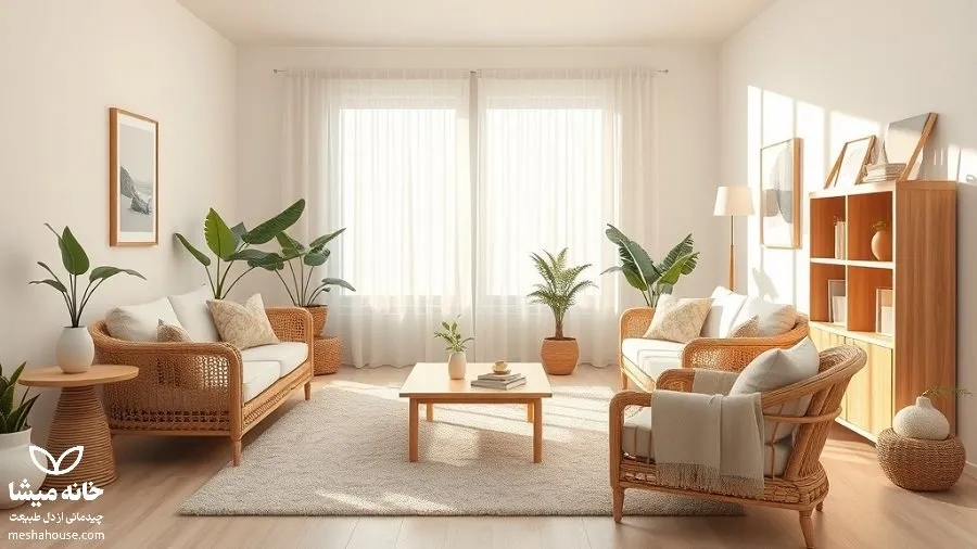 دکوراسیون نشیمن با مبلمان حصیری و چوبی 1 545